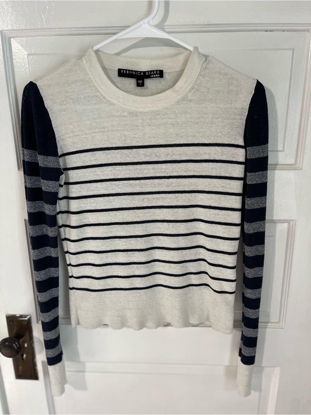 Veronica Beard Cream and Navy Striped Crewneck Sweater size s